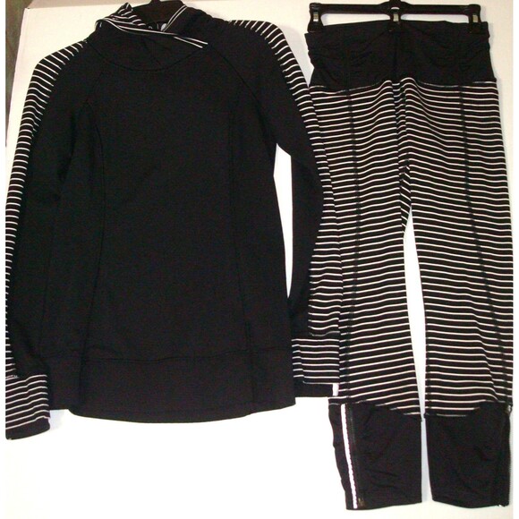 Set Lululemon sz 6 Think Fast Hoodie 4 Runday Crop Leggings Black White Stripes - Picture 1 of 9